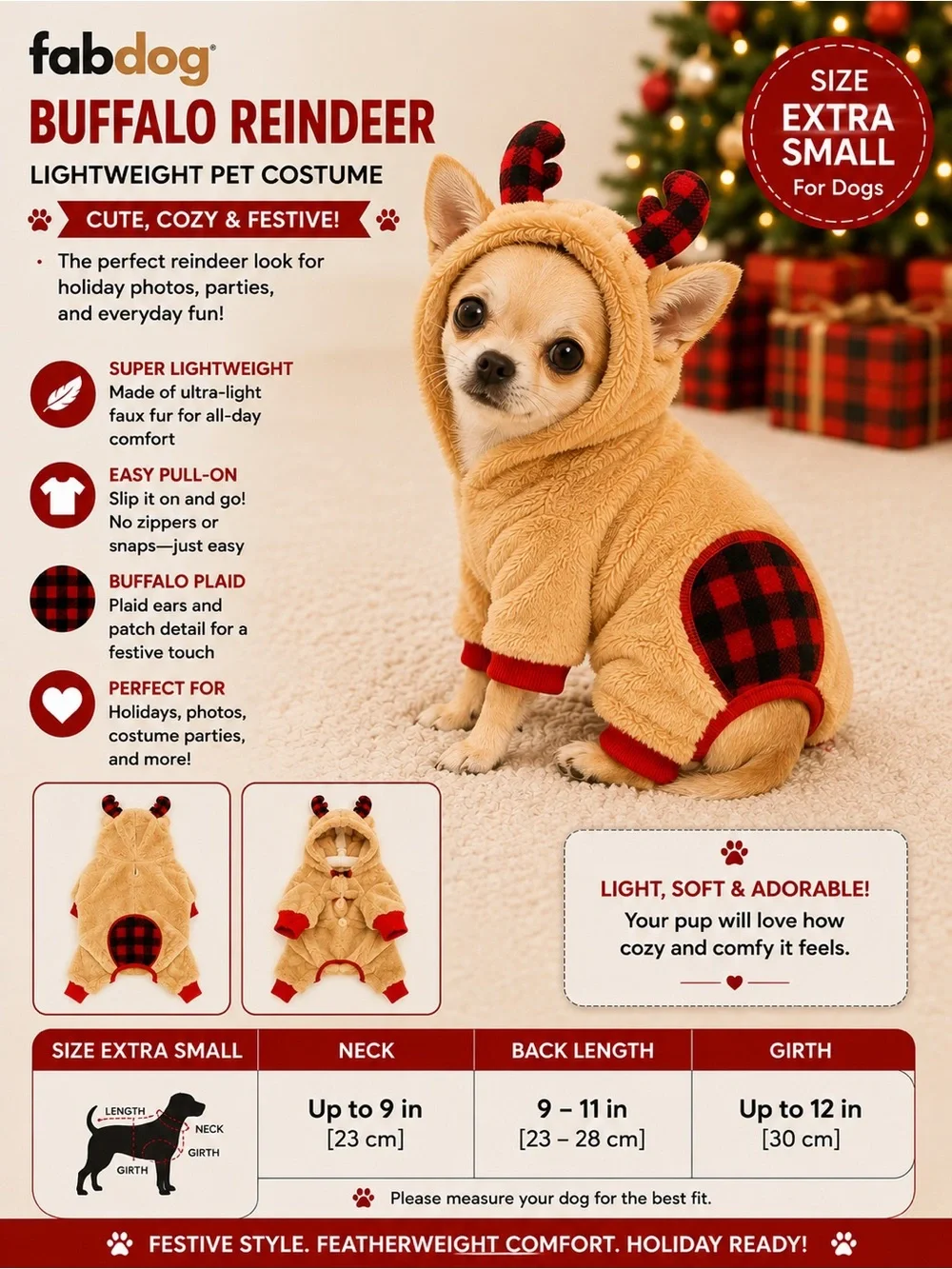 FABDOG BUFFALO PLAID REINDEER PET COSTUME – EXTRA SMALL  or Large